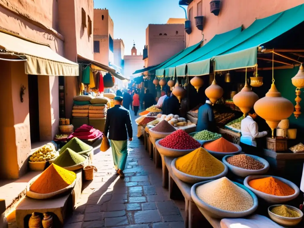 Un zoco africano bullicioso, lleno de colores vibrantes y arquitectura intrincada en Marrakech, centros comercio islam