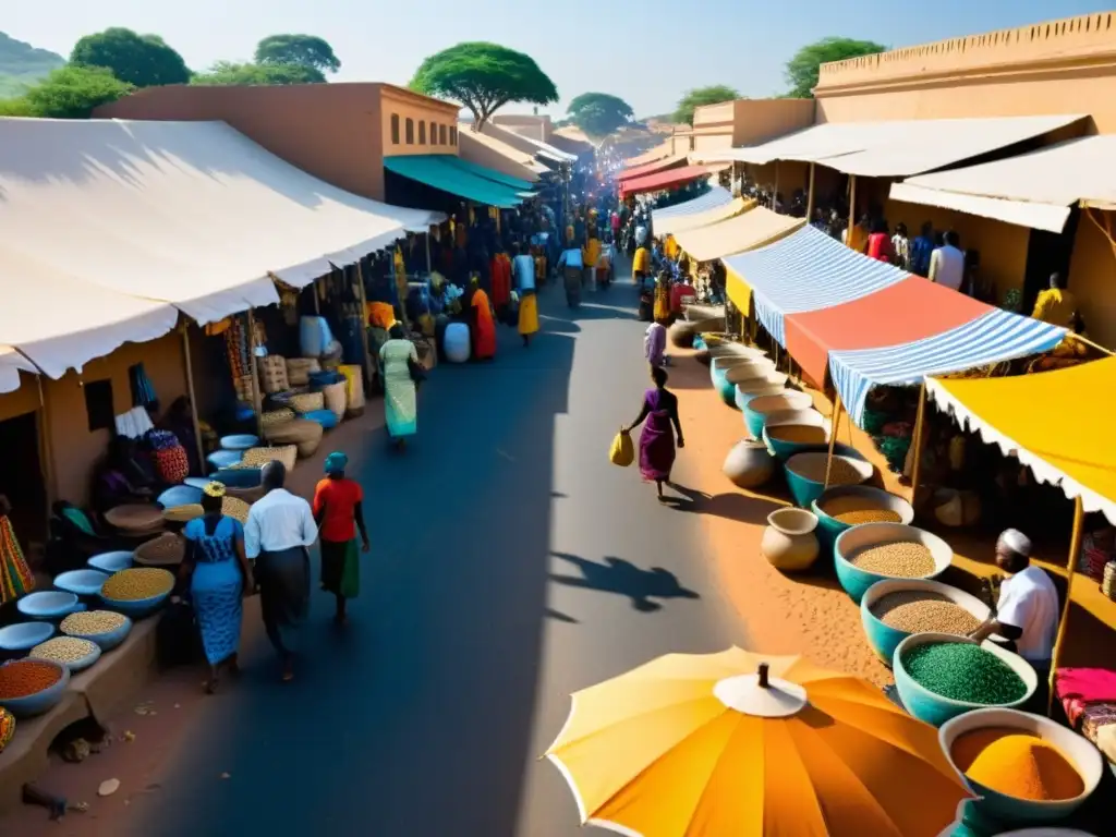 Un zoco africano bullicioso cobra vida con colores, aromas y ritmos vibrantes, en un ambiente de comercio e intercambio cultural