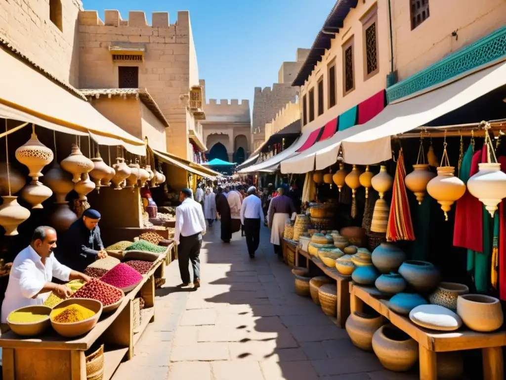 Zoco africano, centro de comercio islámico con textiles coloridos, cerámica intrincada y especias variadas en puestos de madera ornamentados