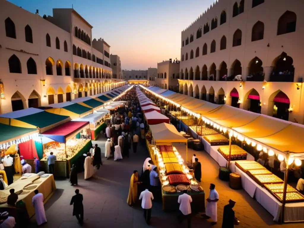 Un zoco bullicioso en una ciudad del Medio Oriente durante el Ramadán, con música tradicional y coloridos instrumentos musicales en exhibición